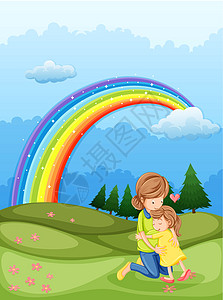 拥抱彩虹在彩虹附近拥抱着一个母亲和一个孩子插画