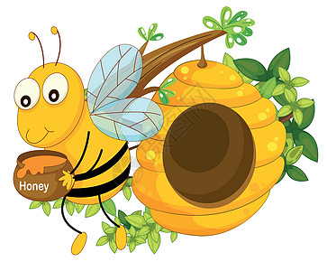 一只蜜蜂在蜂巢附近拿着一壶蜂蜜图片