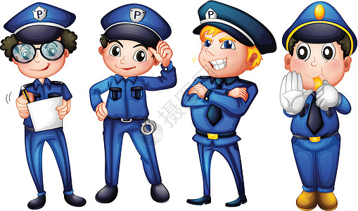 四个警察警官男人服务执法者团体绘画头盔扣留蓝色巡逻员图片