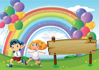 一个空板和两个小孩 在浮气球下面玩耍图片