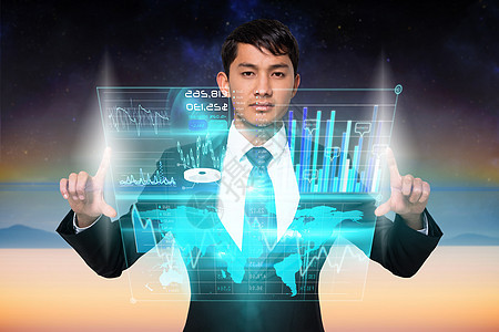 认真的商务人士触摸界面绘图数字人士男性套装专注技术商业计算机未来派图片