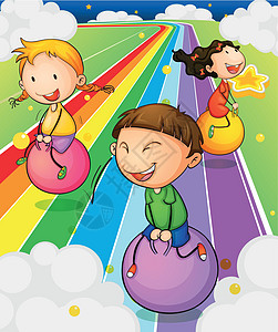 三个孩子在多彩的路上玩弹球游戏图片