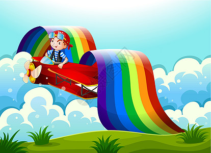 一架带一个小男孩的飞机和天上的彩虹图片