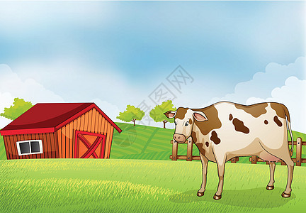 奶牛吃草农场里的奶牛和谷仓房插画