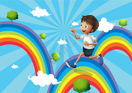 一个男孩在彩虹上奔跑图片