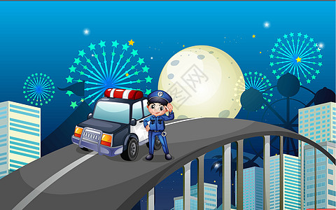 路中间的警察及其巡逻车一名警察和他的巡逻车卡通片途径旅行男人路线缠绕邮政星星绘画执法者图片