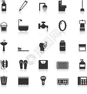 带有白色背景反射的浴室图标工具热水器插图房间盆地马桶毛巾牙膏窗帘人字图片