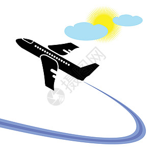 云管家飞行中的飞机航班跑道天空运输航空公司蓝色绘画太阳航程喷射插画