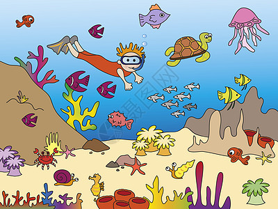 鱼丸米线海洋生物儿子生活海景螃蟹金子插图鱼丸动物游泳海浪背景