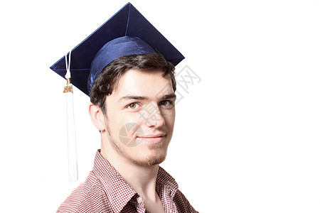 高中毕业微笑中学黑发学校男性深色白色流苏蓝色背景