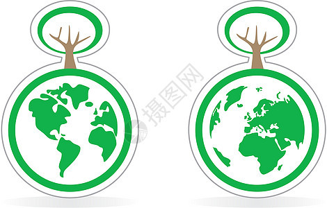 生态按钮矢量图标或生态标志 以白色背景上隔离的绿色地球为行星土图片
