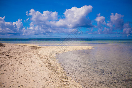理想热带海滩 沙漠岛屿上含有绿绿水和白沙子旅行棕榈异国天空蓝色椰子海景海岸天堂假期图片