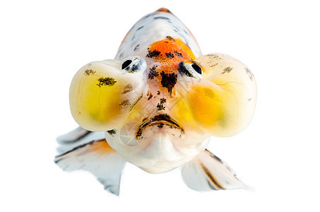 金鱼前视线 白色背景的孤立 膨胀的眼睛图片