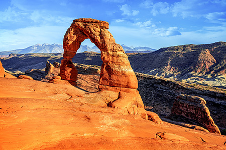 犹他州Arches国家公园岩石沙漠台面蓝色旅游悬崖砂岩日出山脉峡谷图片