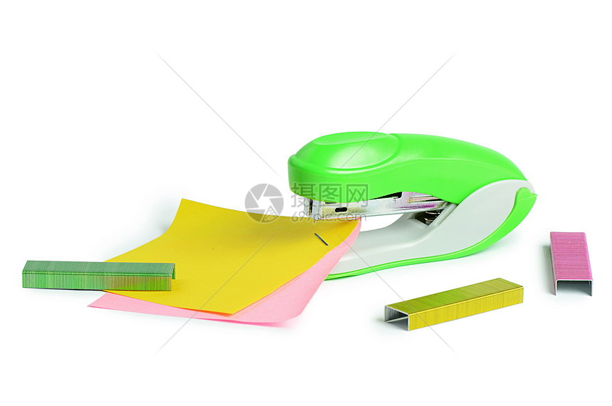 白色背景隔离的绿色主订金器秘书机器教育学校文书夹子紧固件金属水平塑料图片