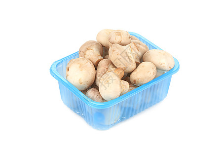 蓝盒子里的香肠蘑菇水平食物工作室美食营养蔬菜白色图片