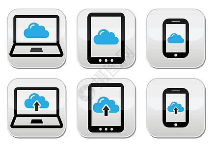 膝上型计算机 平板电脑 智能手机图标集上的云网数据细胞蓝色插图主持人反射平台网络贮存屏幕图片