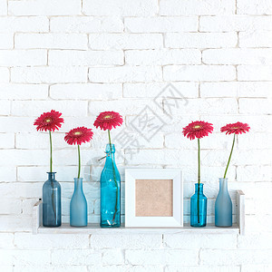 装饰架架正方形红色花朵雏菊架子创造力玻璃蓝色白色罐子图片