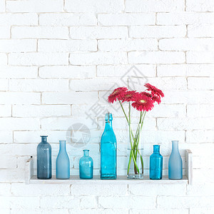 装饰架架花朵玻璃创造力罐子雏菊正方形格柏蓝色艺术瓶子图片