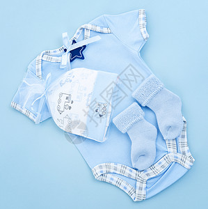 婴儿男的蓝衣服蓝色新生轨枕袜子男生派对连体衣礼物棉布快照图片