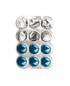 以白色背景隔离的浸泡器包装的药丸蓝色圆圈化疗止痛药帮助宏观团体保健激素抗生素图片