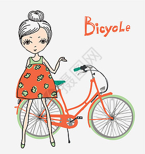 骑自行车的时装女孩艺术运动打印头发草图丝带衣服孩子裙子身体图片
