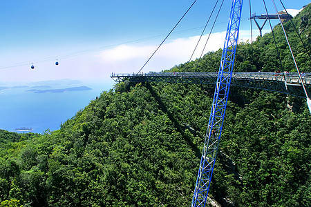 马来西亚兰卡维岛兰卡维天桥风景地标电缆海峡天线天空爬坡海景丛林蓝色图片