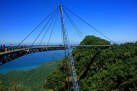 马来西亚兰卡维岛兰卡维天桥行人全景海景海洋天线电缆爬坡海岸热带山脉图片