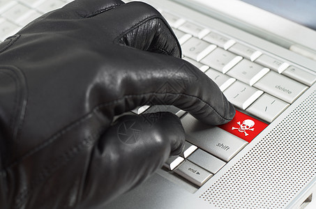 手戴黑皮手套的黑皮手套紧压在国家按钮商业骗局盗版钥匙警报红色旗帜概念图片