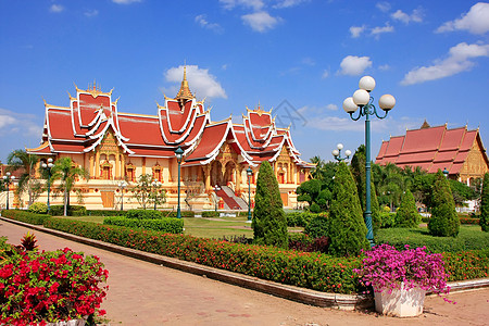 老挝万象Luang建筑群的寺庙城市花园景观纪念碑首都文化国家佛塔佛教徒旅行图片