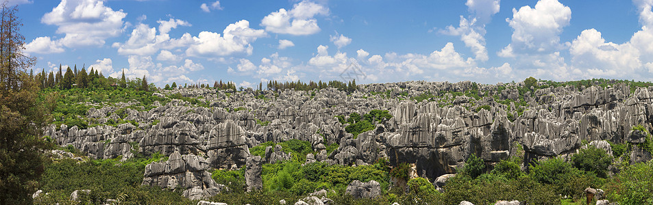 云南省石林国家公园森林石灰石全景天线天空岩石编队晴天旅行农村图片