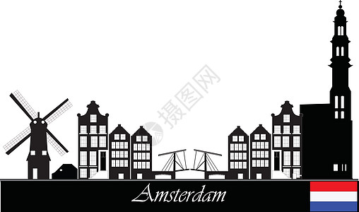 Amsterdam 天线特丹建筑物绘画城市风车景观酒店教会商业黑色图片
