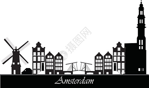 风车剪影Amsterdam 天线建筑物绘画风车城市特丹教会酒店建筑学黑色景观插画