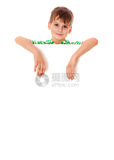 男孩拿着横幅幸福学校孩子空白广告童年推介会友谊标语教育图片