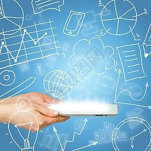 手头和商务草图中的平板电脑日程手绘触摸屏铅笔绘画地球文件夹辉光计算器屏幕图片