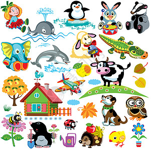 设定用于孩子的设置企鹅猫头鹰卡通片玩具童年野兔动物瓢虫奶牛房子背景图片