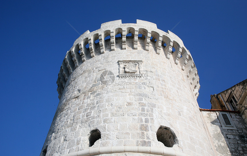 克罗地亚科尔库拉石堡防御城市历史全景蓝色小路景观旅行建筑遗产图片