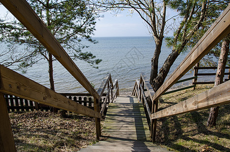 海滩的楼梯假期娱乐松树树木旅行棕色太阳海洋木头蓝色图片