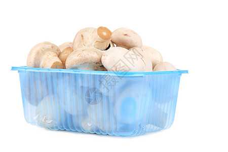 蓝盒子里的香肠蘑菇白色水平工作室食物美食营养蔬菜图片