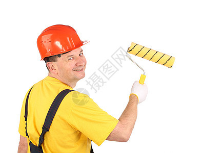 有滚筒和桶子的工人建造扳手腰带工具男人橙子帽子建筑蓝色劳动图片