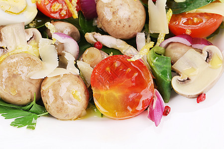 蘑菇沙拉加西红柿和蛋美食洋葱小吃食物菌类蛋黄煮沸热情营养宏观图片