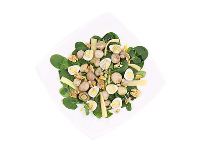 蘑菇沙拉 配有核桃和面粉奶制品香气厨房热情蛋黄菠菜食物美食鹌鹑乳白色图片