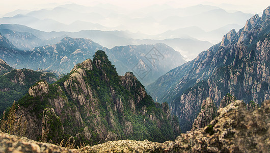 黄山山世界旅行顶峰地标森林树木薄雾天气蓝色旅游图片