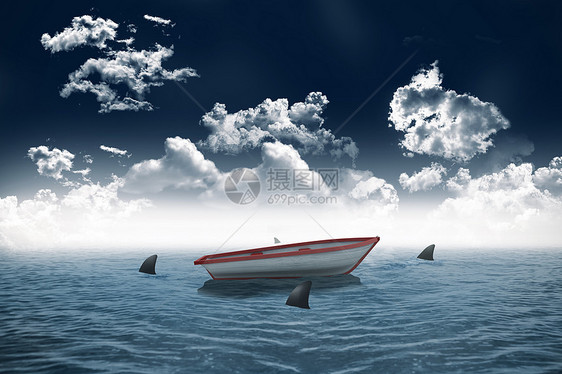 在海上小船盘旋的鲨鱼环境计算机绘图天气波浪海岸线血管帆船支撑多云图片