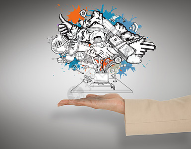 女性握手和握手的复合形象电脑手臂棕榈计算套装艺术插图创造力绘图夹克图片