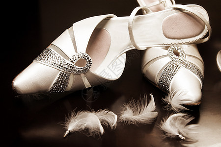 结婚鞋羽毛奶油褐色白色宝石珠子玻璃石头肩带钻石背景图片