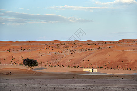 建造瓦希巴阿曼沙漠建筑天空沙丘灌木丛绿色假期植物衬套旅行蓝色旱谷图片
