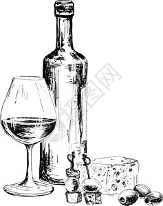 一瓶酒和蓝奶酪艺术小吃酒厂收藏酒精插图传统牛奶草图绘画图片