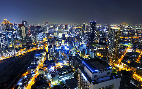 日本大阪晚上城市地标建筑学商业旅行蓝色观光天空街道全景图片