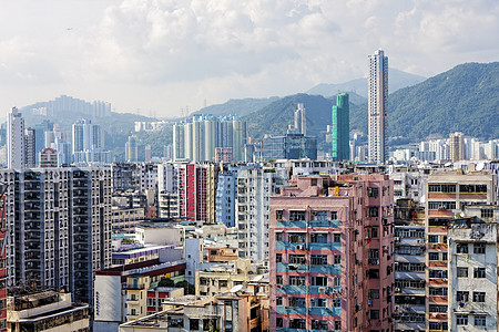 香港与城市摩天大楼的航空观察全景场景旅行办公室港口建筑市中心建筑学蓝色天际景观图片